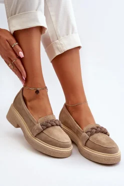 3429/W Damskie Zamszowe Mokasyny Z Ozdobą Beżowe Damskie Loafersy Damskie|Mokasyny Płaskie