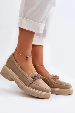 3429/W Damskie Zamszowe Mokasyny Z Ozdobą Beżowe Damskie Loafersy Damskie|Mokasyny Płaskie