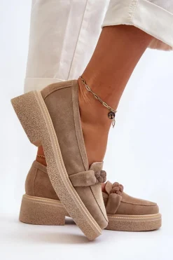 3429/W Damskie Zamszowe Mokasyny Z Ozdobą Beżowe Damskie Loafersy Damskie|Mokasyny Płaskie