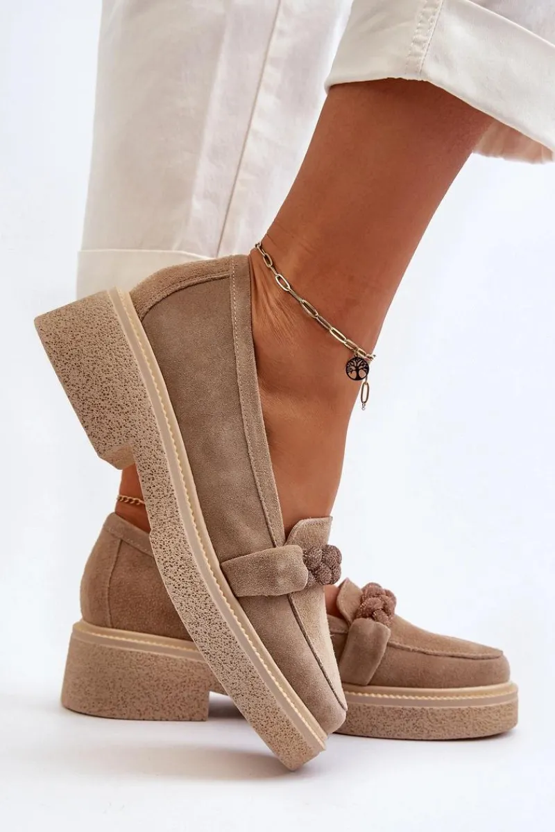 3429/W Damskie Zamszowe Mokasyny Z Ozdobą Beżowe Damskie Loafersy Damskie|Mokasyny Płaskie