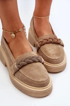 3429/W Damskie Zamszowe Mokasyny Z Ozdobą Beżowe Damskie Loafersy Damskie|Mokasyny Płaskie