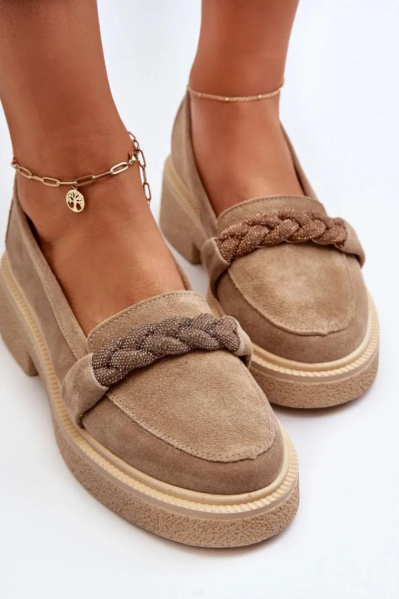 3429/W Damskie Zamszowe Mokasyny Z Ozdobą Beżowe Damskie Loafersy Damskie|Mokasyny Płaskie