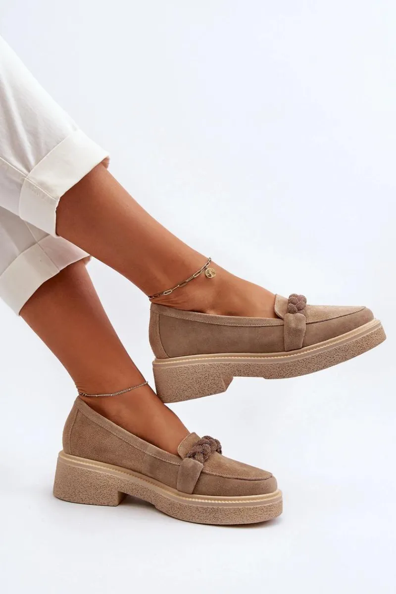 3429/W Damskie Zamszowe Mokasyny Z Ozdobą Beżowe Damskie Loafersy Damskie|Mokasyny Płaskie