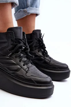 Best Zazoo 3392/X Damskie Skórzane Buty Sportowe Na Platformie Czarne Czarny