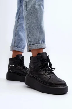 Best Zazoo 3392/X Damskie Skórzane Buty Sportowe Na Platformie Czarne Czarny