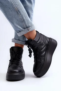 Best Zazoo 3392/X Damskie Skórzane Buty Sportowe Na Platformie Czarne Czarny