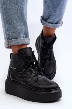 Best Zazoo 3392/X Damskie Skórzane Buty Sportowe Na Platformie Czarne Czarny