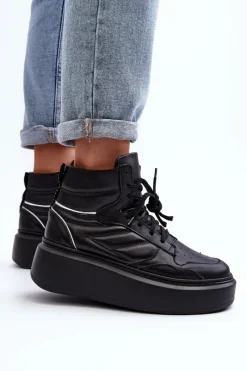 Best Zazoo 3392/X Damskie Skórzane Buty Sportowe Na Platformie Czarne Czarny