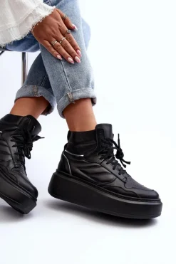 Best Zazoo 3392/X Damskie Skórzane Buty Sportowe Na Platformie Czarne Czarny