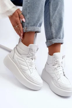 Best Zazoo 3392/X Damskie Skórzane Buty Sportowe Na Platformie Białe Biały