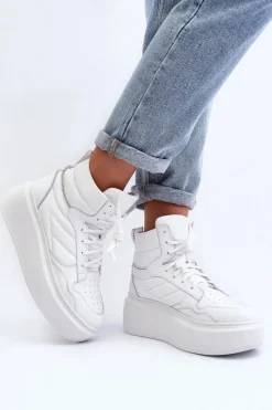 Best Zazoo 3392/X Damskie Skórzane Buty Sportowe Na Platformie Białe Biały