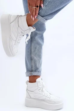 Best Zazoo 3392/X Damskie Skórzane Buty Sportowe Na Platformie Białe Biały