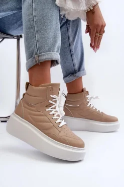 Sale 3392/X Damskie Skórzane Buty Sportowe Na Platformie Beżowe Damskie Sneakersy Damskie