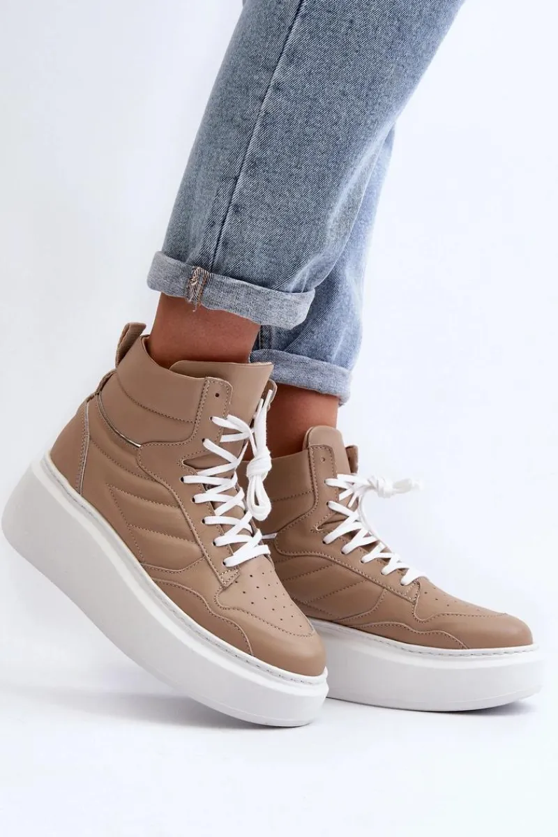 Sale 3392/X Damskie Skórzane Buty Sportowe Na Platformie Beżowe Damskie Sneakersy Damskie
