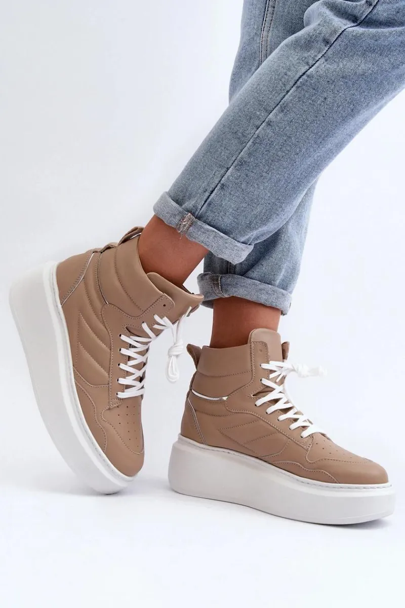Sale 3392/X Damskie Skórzane Buty Sportowe Na Platformie Beżowe Damskie Sneakersy Damskie