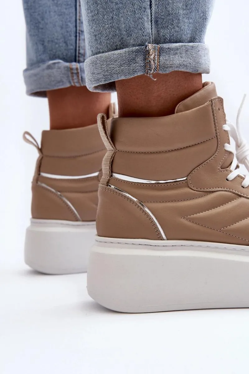 Sale 3392/X Damskie Skórzane Buty Sportowe Na Platformie Beżowe Damskie Sneakersy Damskie