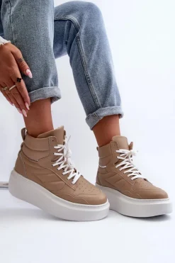 Sale 3392/X Damskie Skórzane Buty Sportowe Na Platformie Beżowe Damskie Sneakersy Damskie