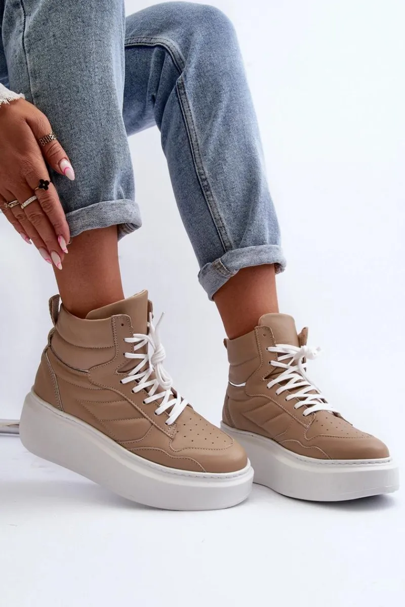 Sale 3392/X Damskie Skórzane Buty Sportowe Na Platformie Beżowe Damskie Sneakersy Damskie
