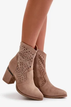 Online Damskie buty S.Barski Zdobione Ażurowe Botki Damskie Na Słupku Z Eko Zamszu Beżowe S.Barski HY42-029