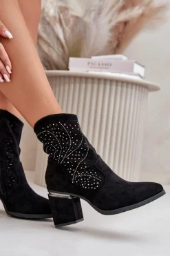 Hot Damskie buty S.Barski Zdobione Ażurowe Botki Damskie Na Słupku Z Eko Zamszu Czarne S.Barski HY42-029 Czarny