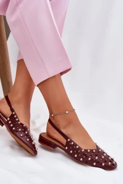 Hot Zdobione Baleriny Na Płaskim Obcasie Bordowe Nilarisela Damskie Sandały Płaskie