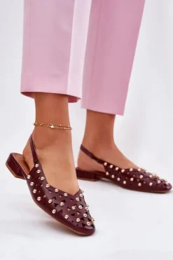 Hot Zdobione Baleriny Na Płaskim Obcasie Bordowe Nilarisela Damskie Sandały Płaskie