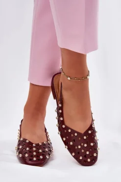 Hot Zdobione Baleriny Na Płaskim Obcasie Bordowe Nilarisela Damskie Sandały Płaskie