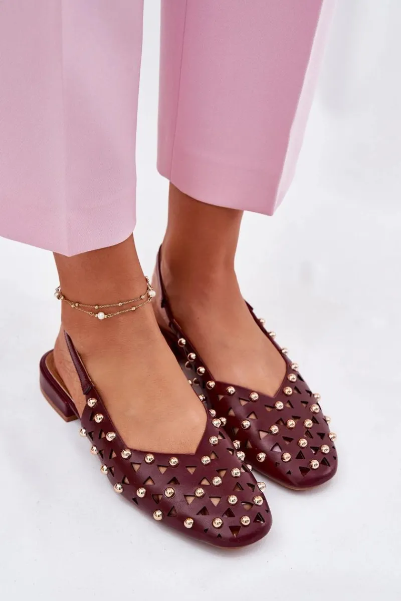 Hot Zdobione Baleriny Na Płaskim Obcasie Bordowe Nilarisela Damskie Sandały Płaskie