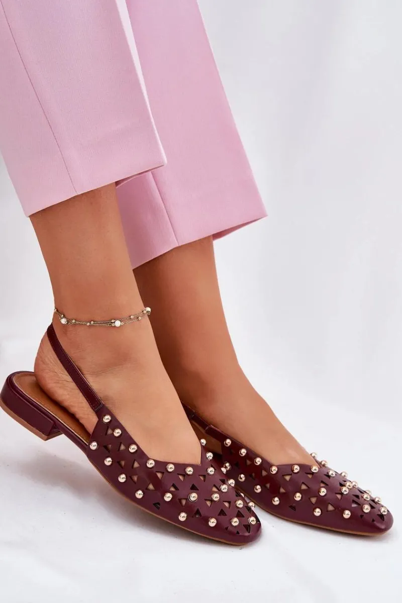 Hot Zdobione Baleriny Na Płaskim Obcasie Bordowe Nilarisela Damskie Sandały Płaskie