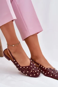 Hot Zdobione Baleriny Na Płaskim Obcasie Bordowe Nilarisela Damskie Sandały Płaskie