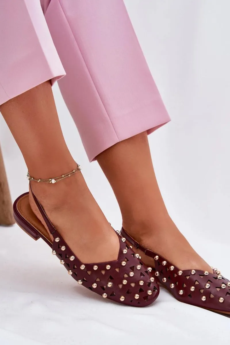 Hot Zdobione Baleriny Na Płaskim Obcasie Bordowe Nilarisela Damskie Sandały Płaskie