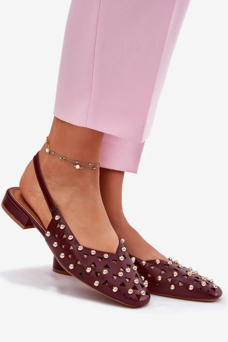 Hot Zdobione Baleriny Na Płaskim Obcasie Bordowe Nilarisela Damskie Sandały Płaskie