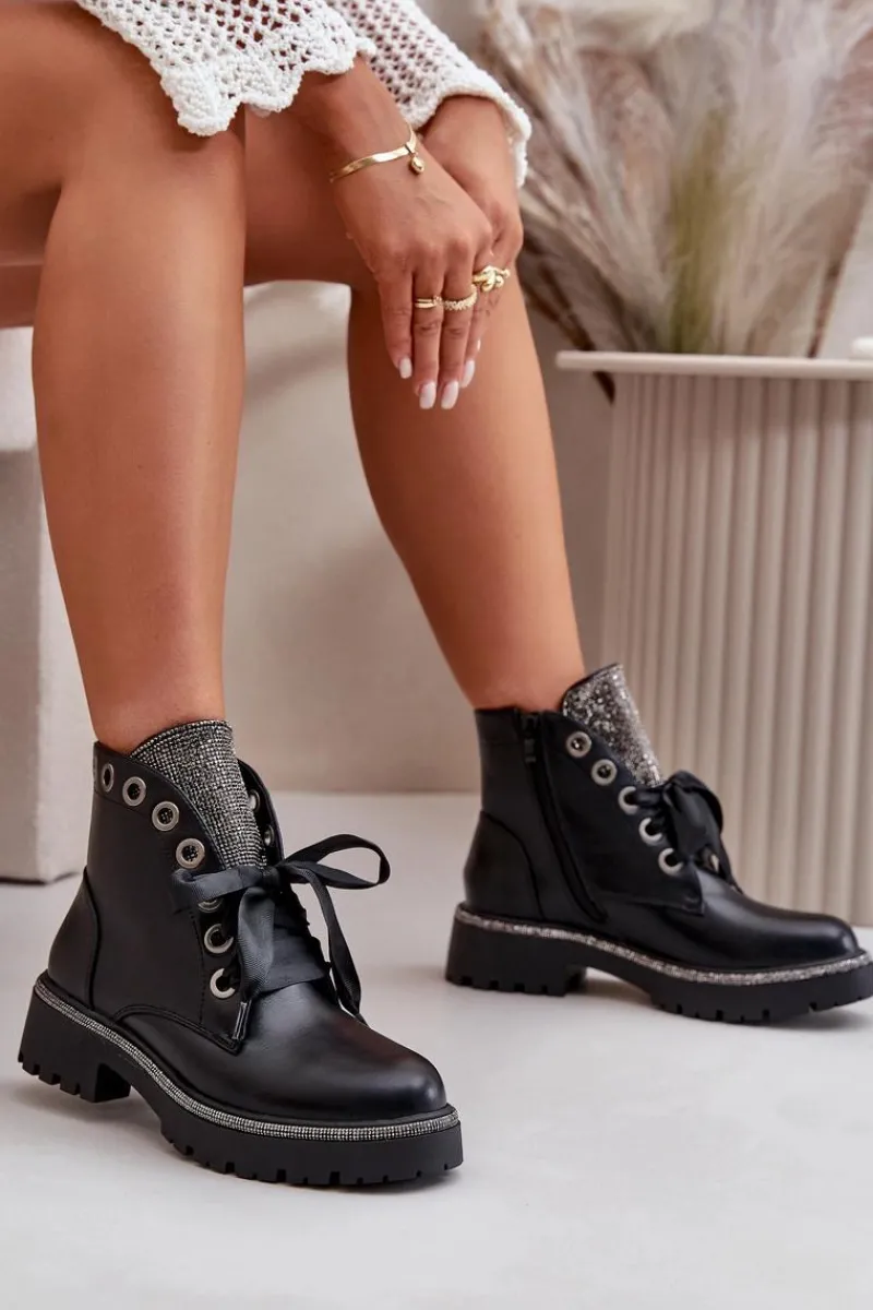 Best Zdobione Botki Damskie Eko Skórzane Ocieplane Czarne Rilatha Damskie Botki Sznurowane|Botki Płaskie