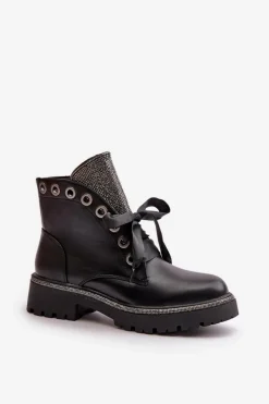 Best Zdobione Botki Damskie Eko Skórzane Ocieplane Czarne Rilatha Damskie Botki Sznurowane|Botki Płaskie