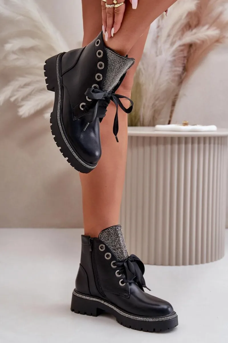 Best Zdobione Botki Damskie Eko Skórzane Ocieplane Czarne Rilatha Damskie Botki Sznurowane|Botki Płaskie