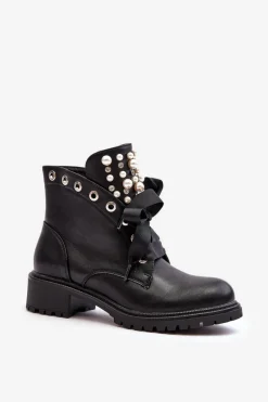 Hot Zdobione Botki Damskie Na Suwak Czarne Elonte Damskie Botki Sznurowane|Botki Zimowe Damskie