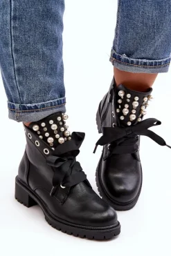 Hot Zdobione Botki Damskie Na Suwak Czarne Elonte Damskie Botki Sznurowane|Botki Zimowe Damskie