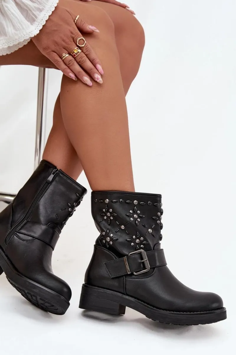 Sale Zdobione Botki Damskie Z Klamrą Czarne Mivana Damskie Botki Ocieplane|Czarne Botki