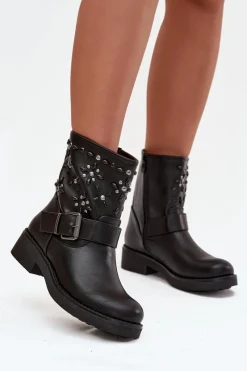 Sale Zdobione Botki Damskie Z Klamrą Czarne Mivana Damskie Botki Ocieplane|Czarne Botki