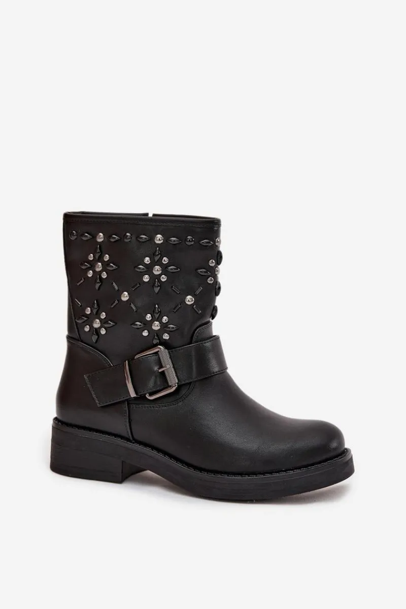 Sale Zdobione Botki Damskie Z Klamrą Czarne Mivana Damskie Botki Ocieplane|Czarne Botki