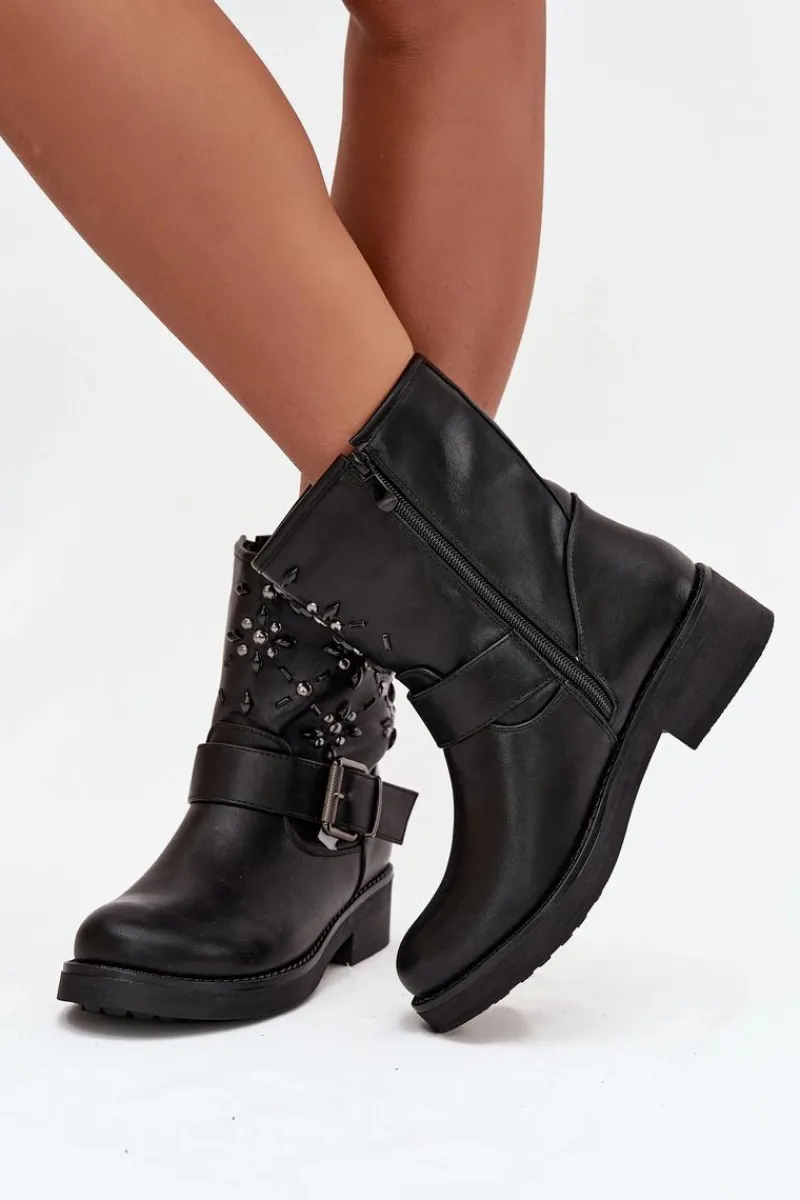 Sale Zdobione Botki Damskie Z Klamrą Czarne Mivana Damskie Botki Ocieplane|Czarne Botki