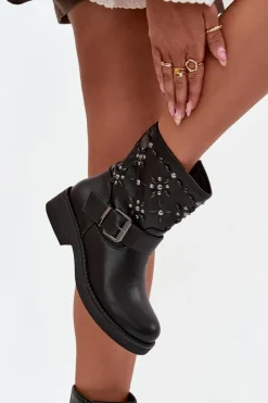 Sale Zdobione Botki Damskie Z Klamrą Czarne Mivana Damskie Botki Ocieplane|Czarne Botki