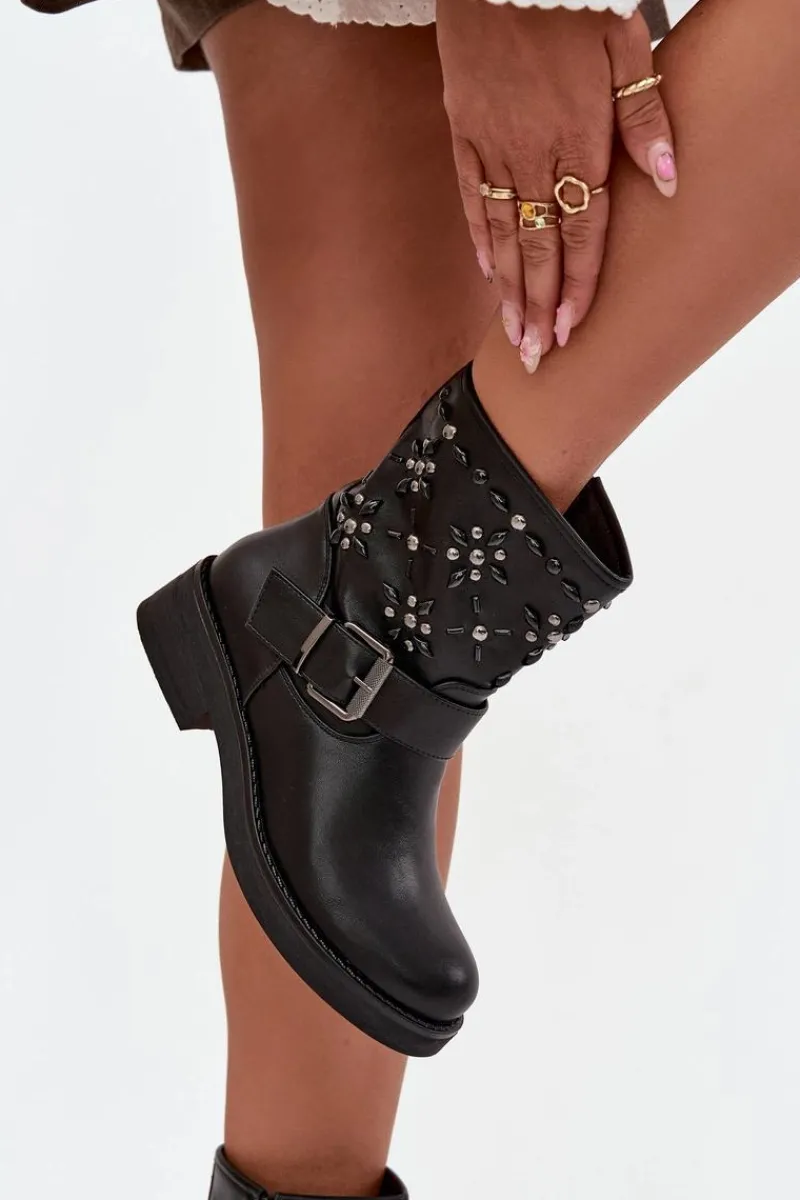 Sale Zdobione Botki Damskie Z Klamrą Czarne Mivana Damskie Botki Ocieplane|Czarne Botki