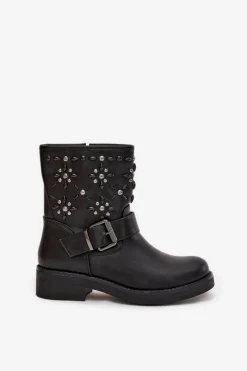 Sale Zdobione Botki Damskie Z Klamrą Czarne Mivana Damskie Botki Ocieplane|Czarne Botki