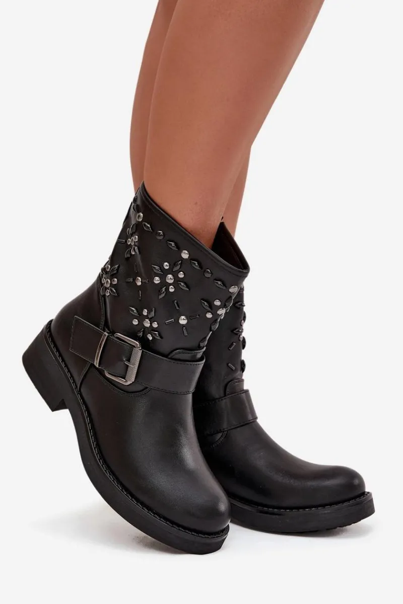 Sale Zdobione Botki Damskie Z Klamrą Czarne Mivana Damskie Botki Ocieplane|Czarne Botki