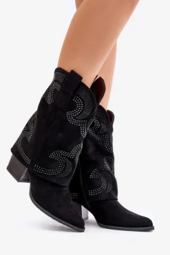 New Zdobione Botki Kowbojki Do Połowy Łydki Na Słupku S.Barski HY42-153 Czarne Damskie Botki Na Słupku|Czarne Botki