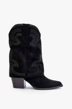 New Zdobione Botki Kowbojki Do Połowy Łydki Na Słupku S.Barski HY42-153 Czarne Damskie Botki Na Słupku|Czarne Botki