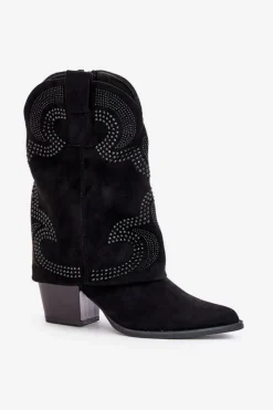 New Zdobione Botki Kowbojki Do Połowy Łydki Na Słupku S.Barski HY42-153 Czarne Damskie Botki Na Słupku|Czarne Botki