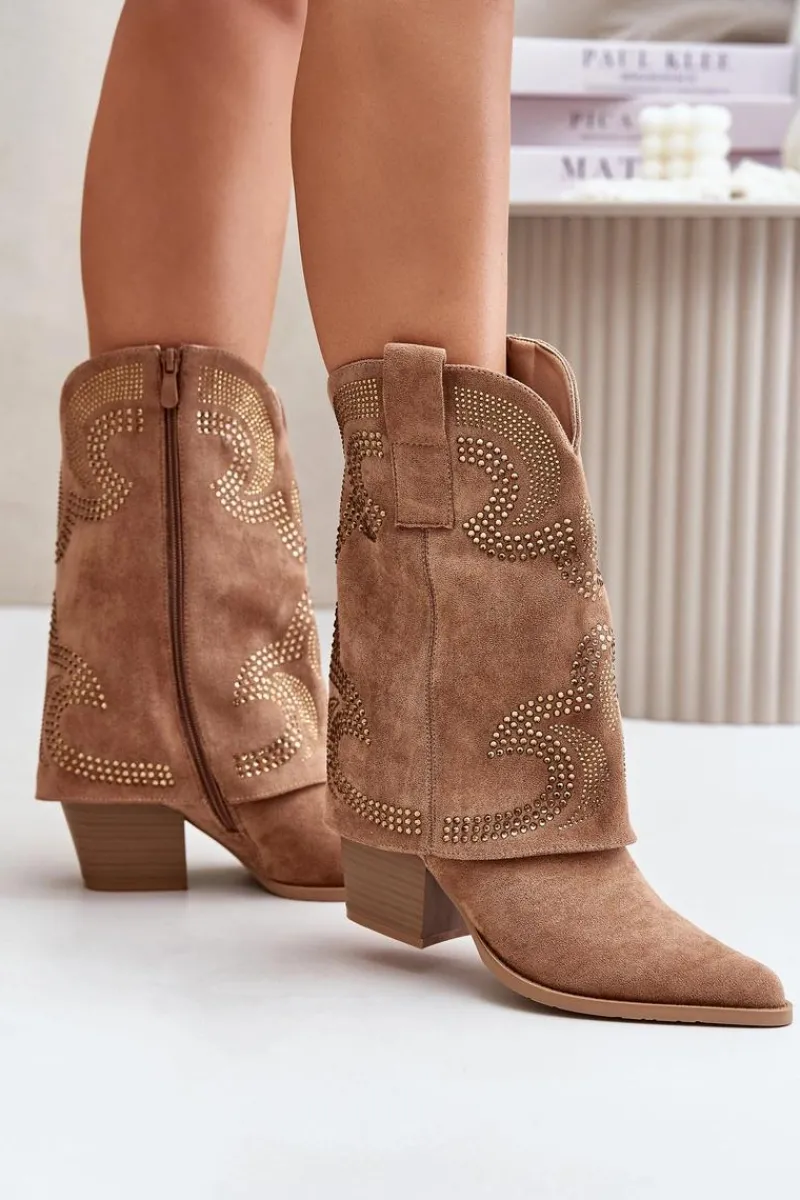 Botki Na Słupku|Czarne Botki>Damskie buty S.Barski Zdobione Botki Kowbojki Do Połowy Łydki Na Słupku S.Barski HY42-153 Camel Brązowy