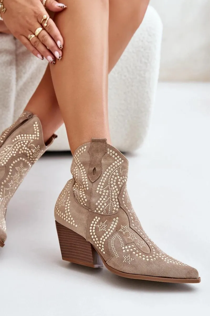 Outlet Zdobione Botki Kowbojki Na Obcasie Beżowe Kaivina Damskie Botki Na Słupku|Brązowe I Beżowe Botki